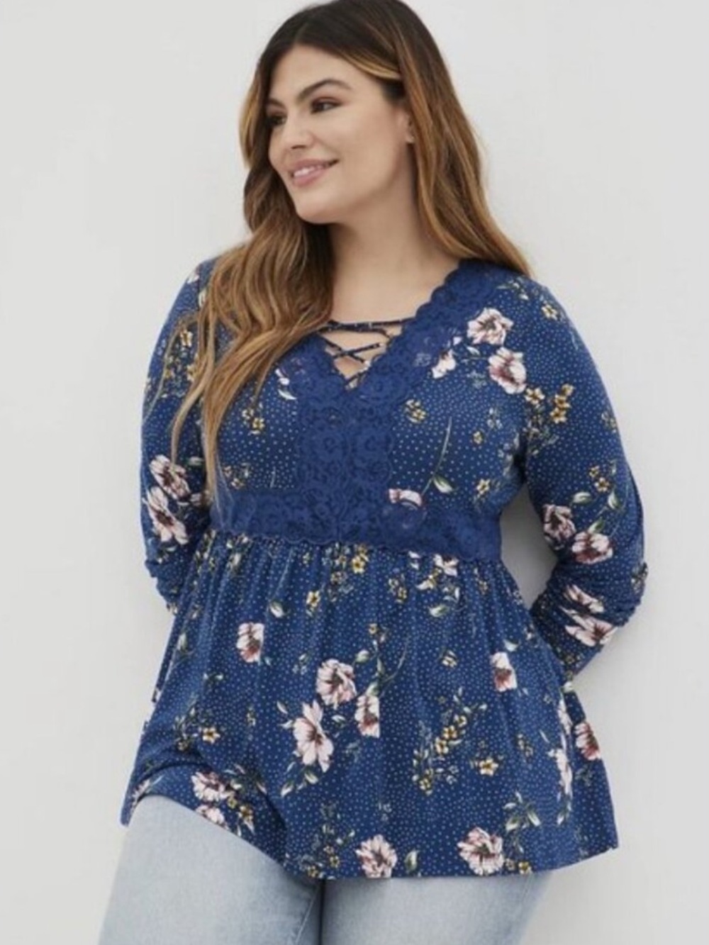 Torrid Floral Polka Dot Chic Lace Trim Feminine Babydoll Top Blouse Size Large L